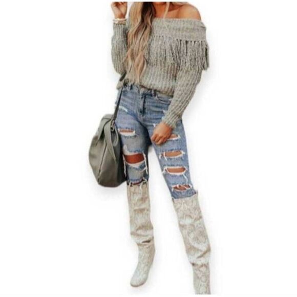 HYFVE SAGE GREEN OFF-THE-SHOULDER FRINGE SWEATER SZ.S EUC. - Picture 2 of 9